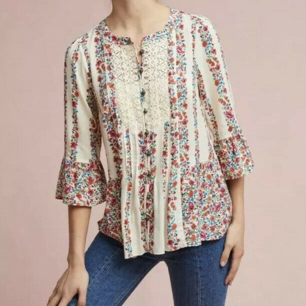 Anthropologie Maeve Hiver Floral Blouse with Lace